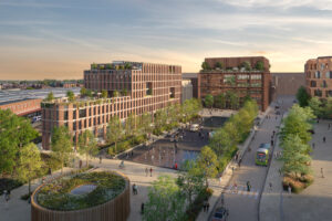 CGI of potential former Coal Drops looking onto the York Railway Western Station entrance, forming part of the phase one proposals (Image Credit: The Collective)