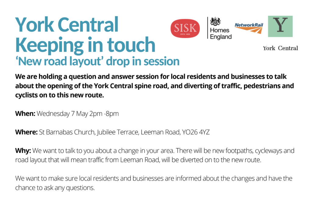 Invitation to public drop in event about the new road at York Central