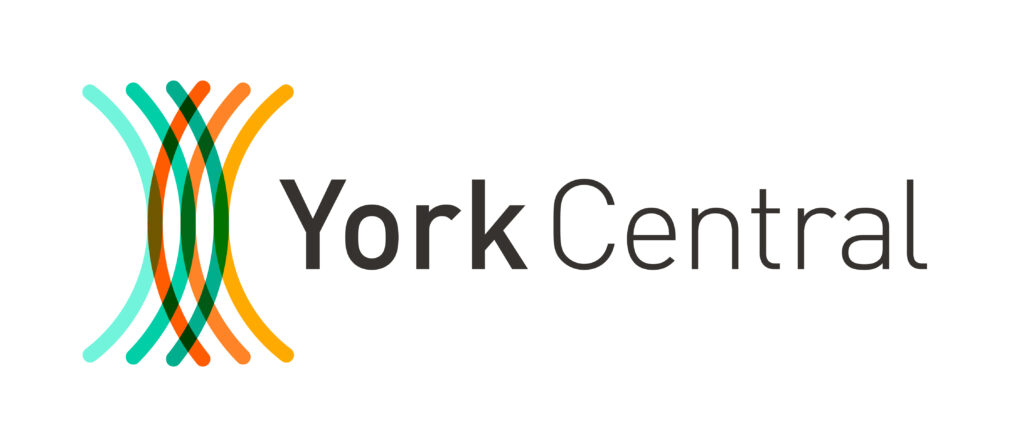 York Central logo Teal and Orange, curved graduated lines crossing over to show connectivity and depict an abstract YC