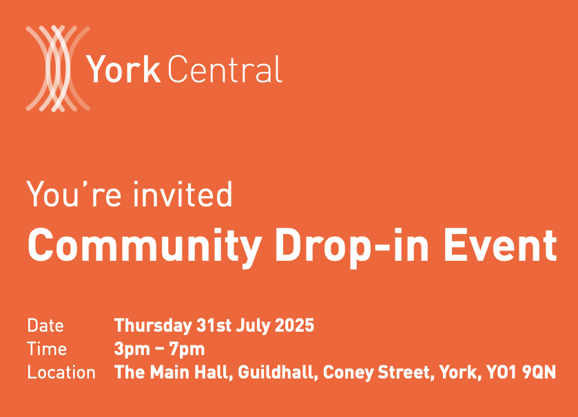 Orange block with invite to community drop in event text on 31st July 3-7pm